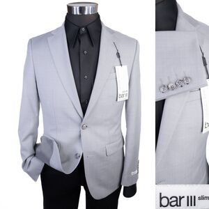 BAR III Men's Blazer Gray Sz 36S Sport Coat Slim-Fit Solid Two Button Wool Blend